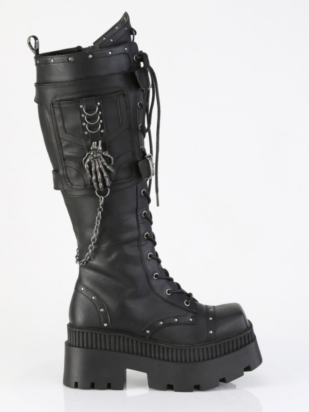 Chunky Heel Square-Toe Platform Knee High Boots with Cargo Pocket